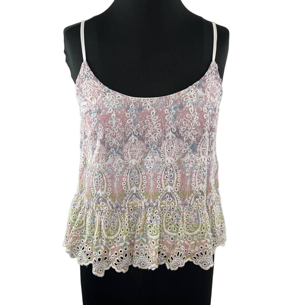 Anthropologie FEATHER BONE Pastel Paisley Eyelet Tank Top Crochet Lace Ruffle 0